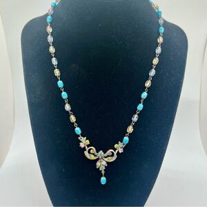 Vintage FAITH Beaded Necklace Rhinestone Floral Drop Turquoise Blue